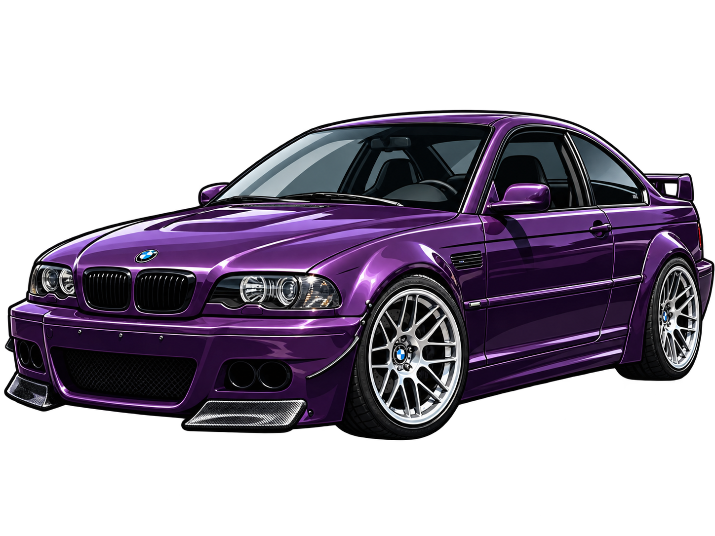A purple BMW car with sporty design, alloy wheels, and a large rear spoiler, isolated on black background.