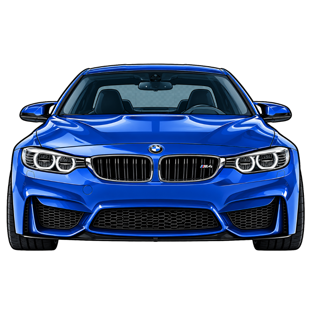 Front view of a blue BMW M4 sports car.