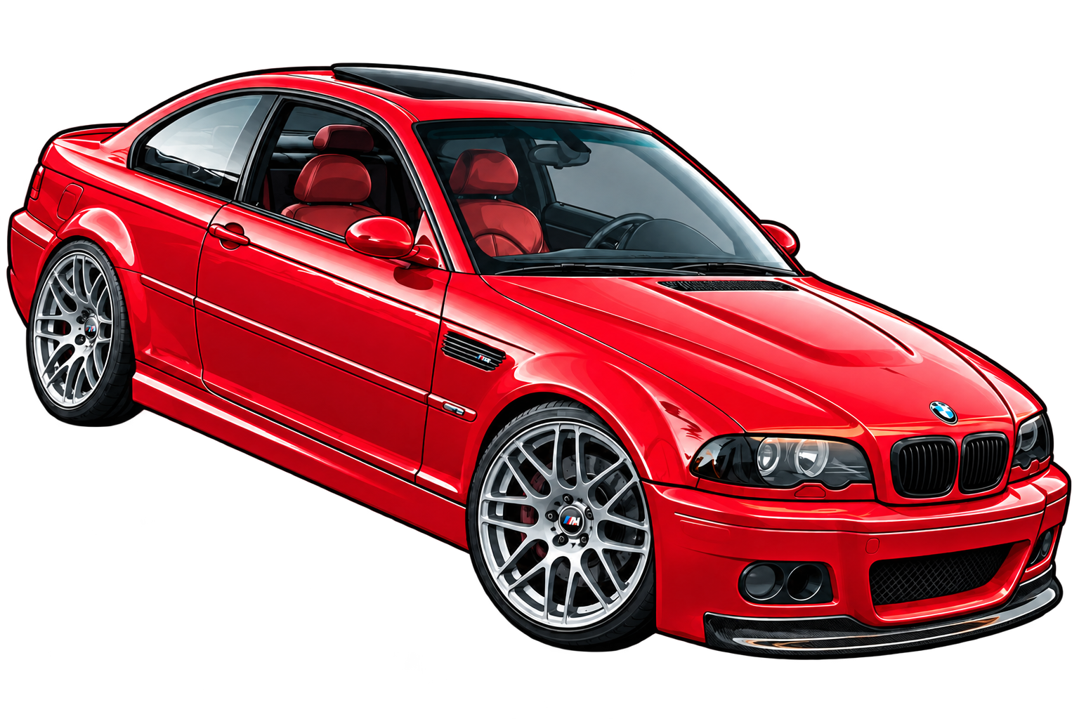 A red BMW car with black accents, sporty wheels, and red leather interior.