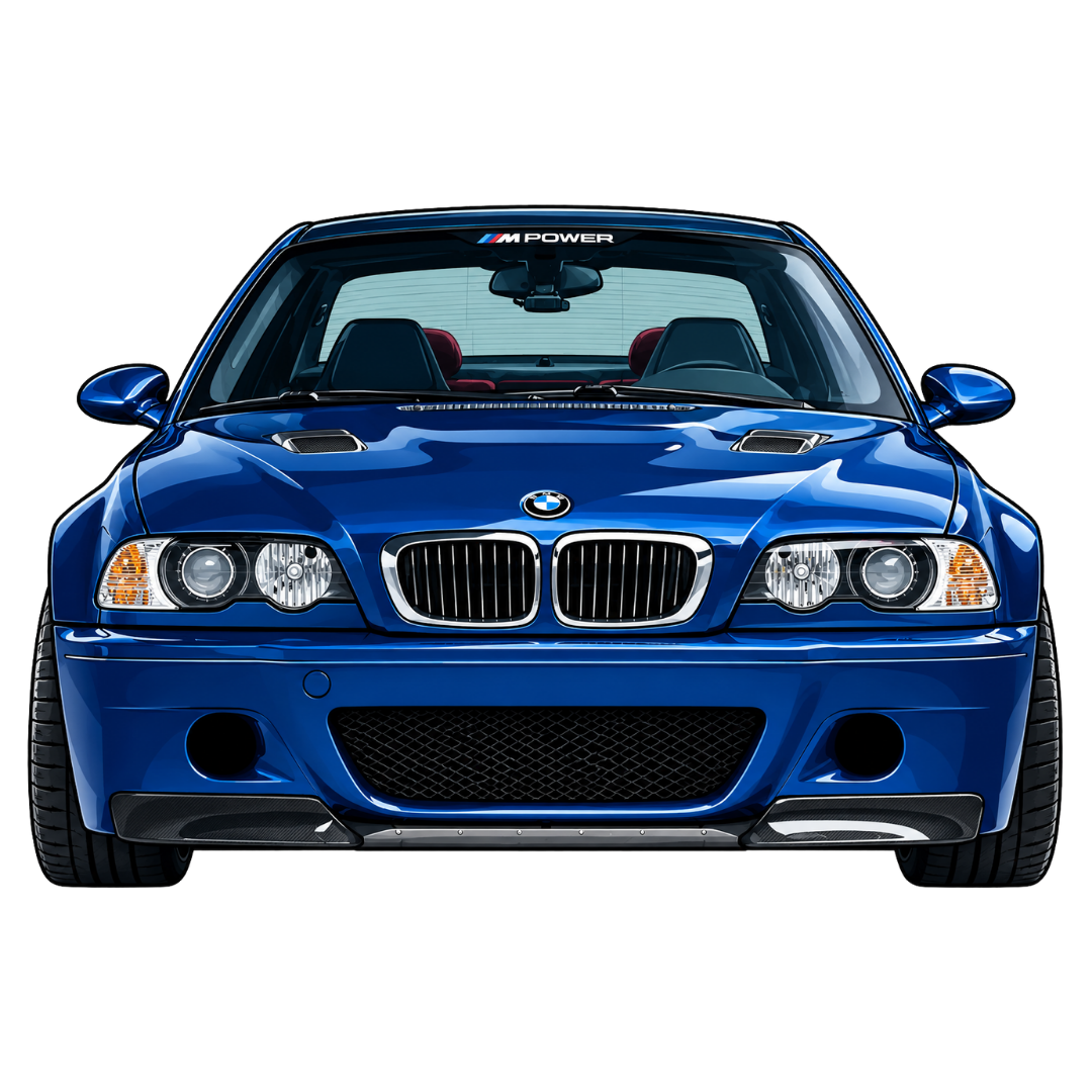 Front view of a blue BMW M3 sports car with black interior, showcased on a black background.