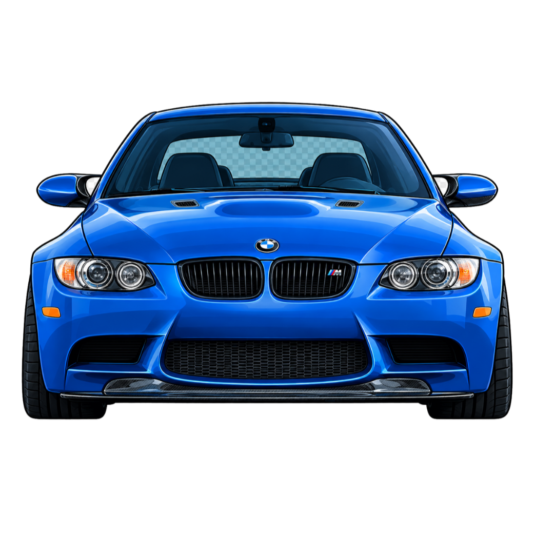 Front view of a blue BMW M3 sports car isolated on transparent background.