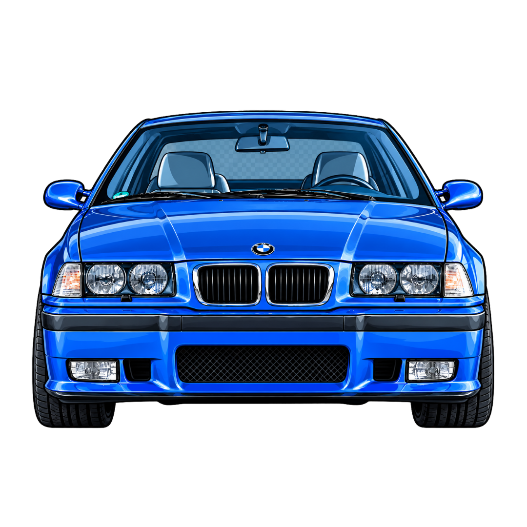 Front view of a blue BMW sports car with black grille and clear headlights, showing the interior with gray seats and steering wheel.