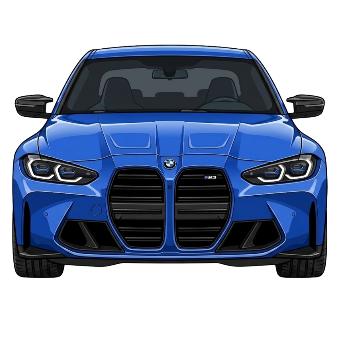Front view of a blue BMW M3 car with black grille and headlights.