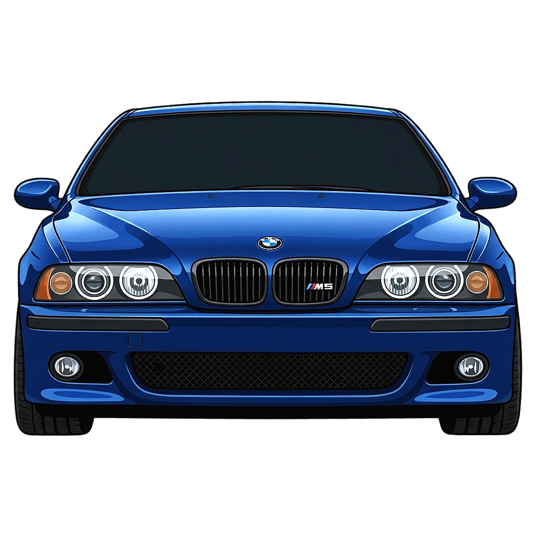 Front view of a blue BMW M5 sports car with black grille and tinted windows.