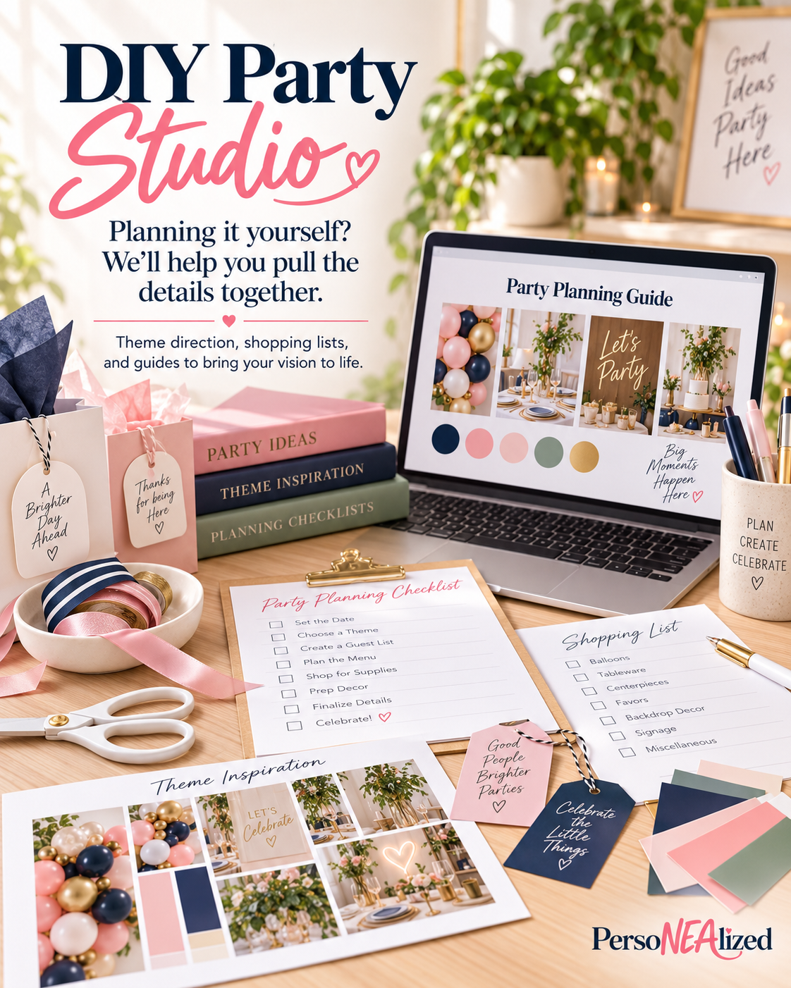 DIY party planning workspace with party checklist, color swatches, ribbons, tags, and planning supplies