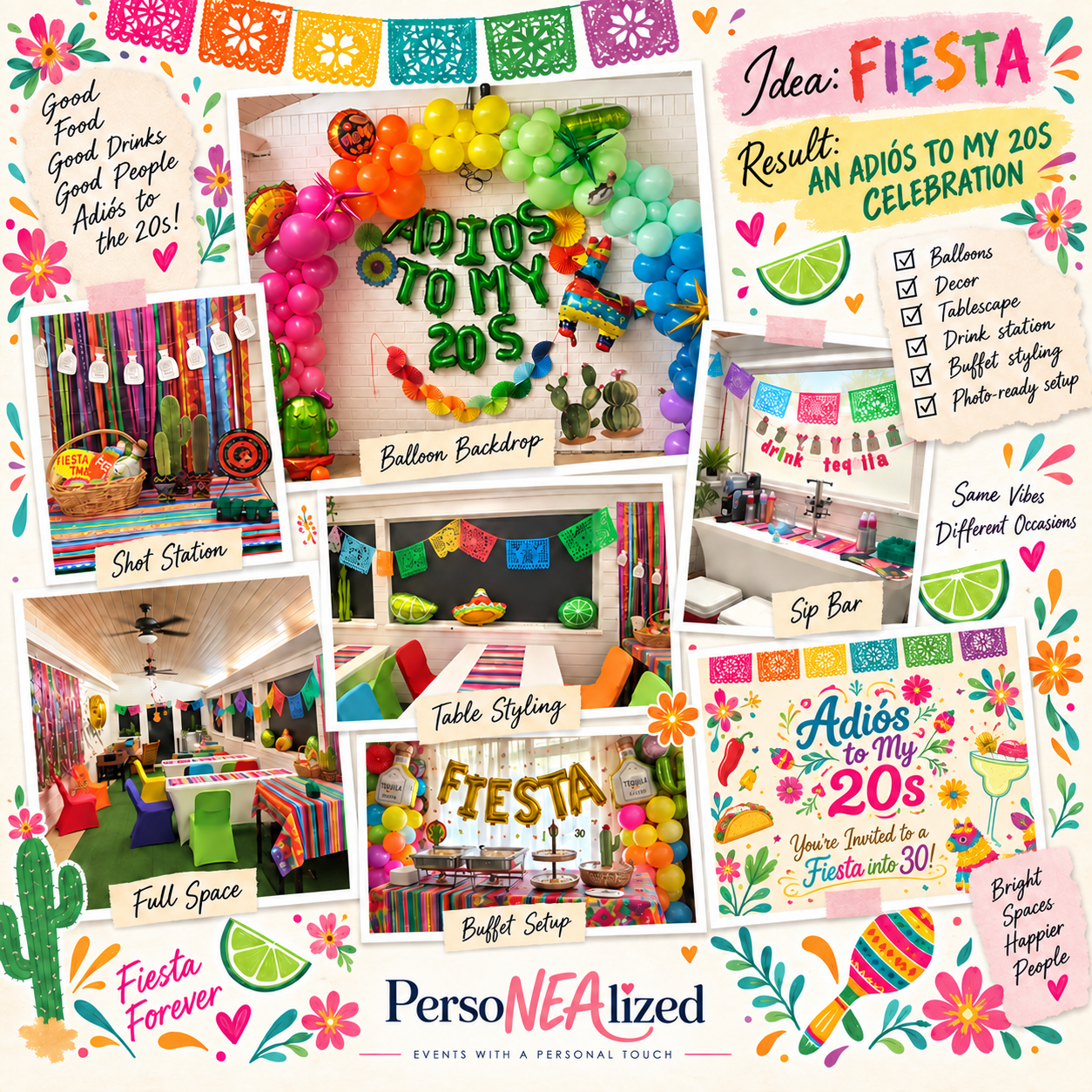Colorful fiesta party setup with balloons, tablescape, drinks, buffet, and photo backdrop