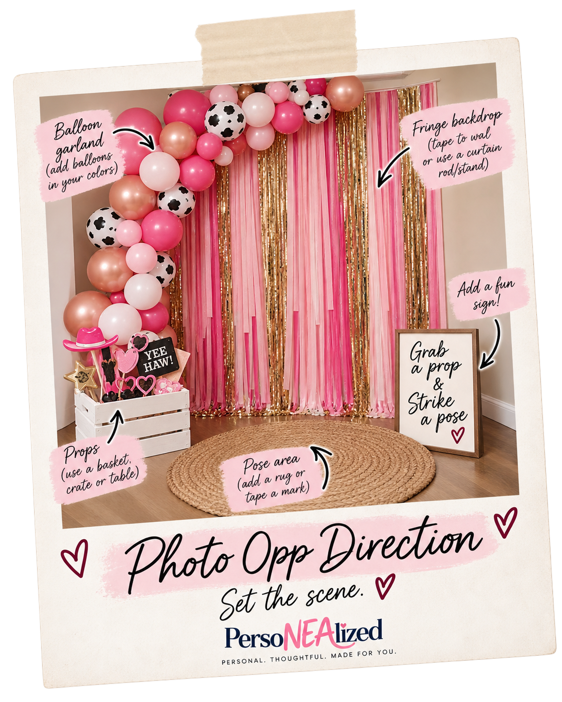 Pink, gold, and cow-print DIY photo booth setup with balloons, fringe backdrop, props, and signage