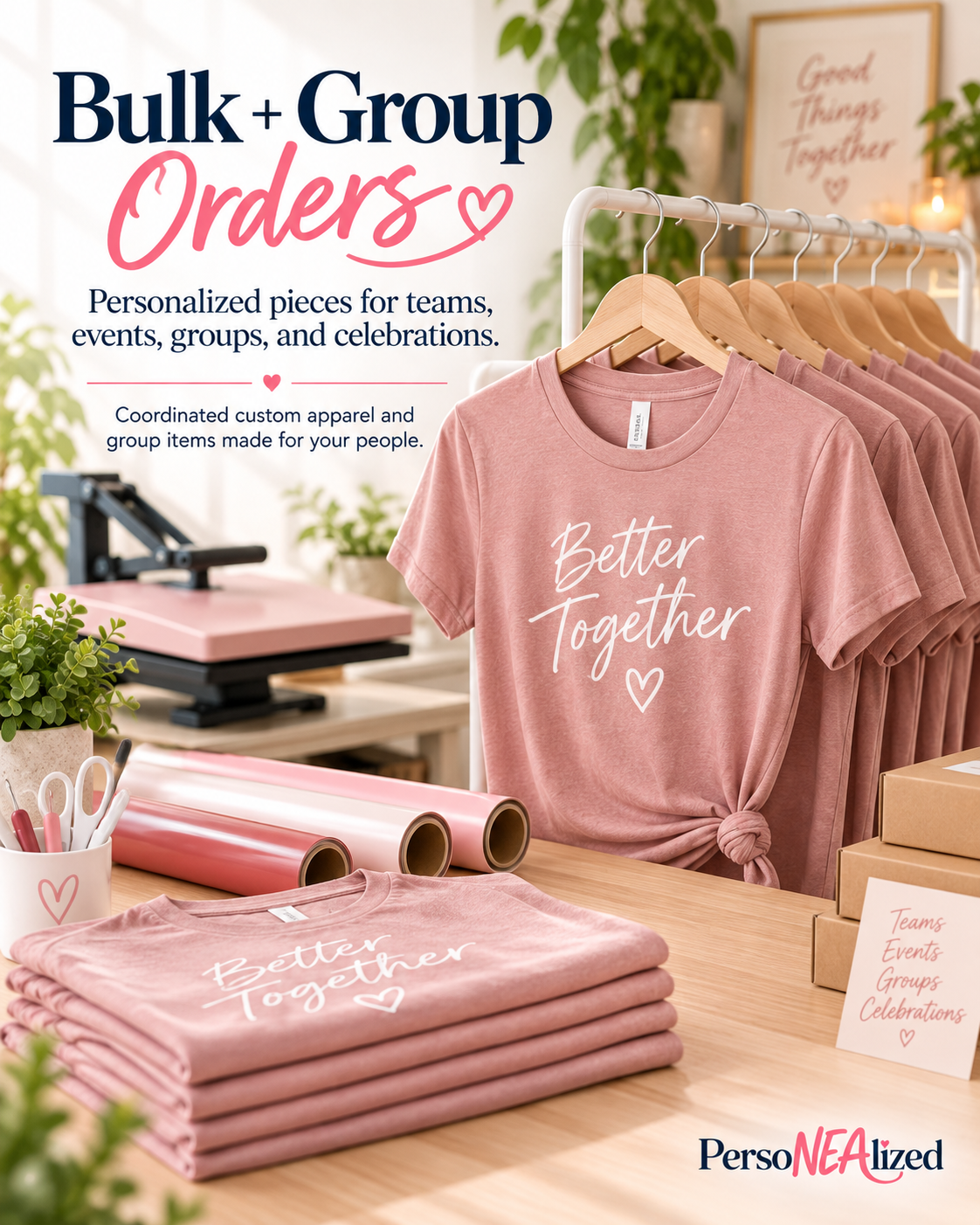 Personalized group shirts, custom mug, and heat transfer vinyl displayed for bulk and group orders