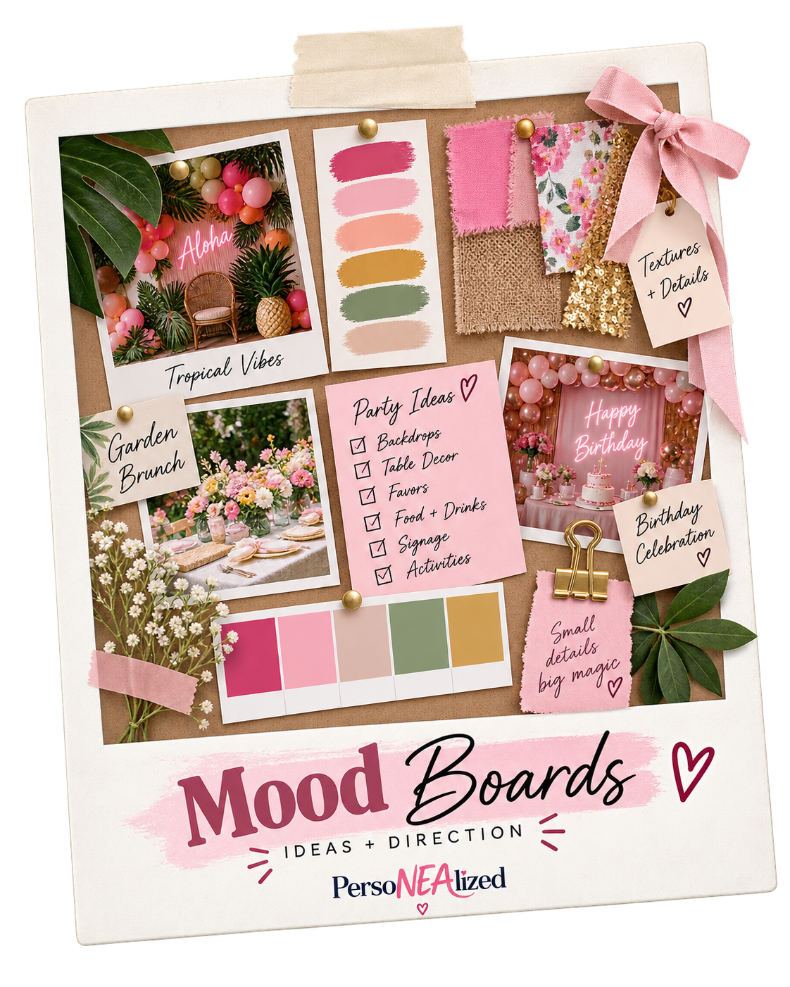 Party planning mood board with floral inspiration, color palette, fabric swatches, and celebration ideas