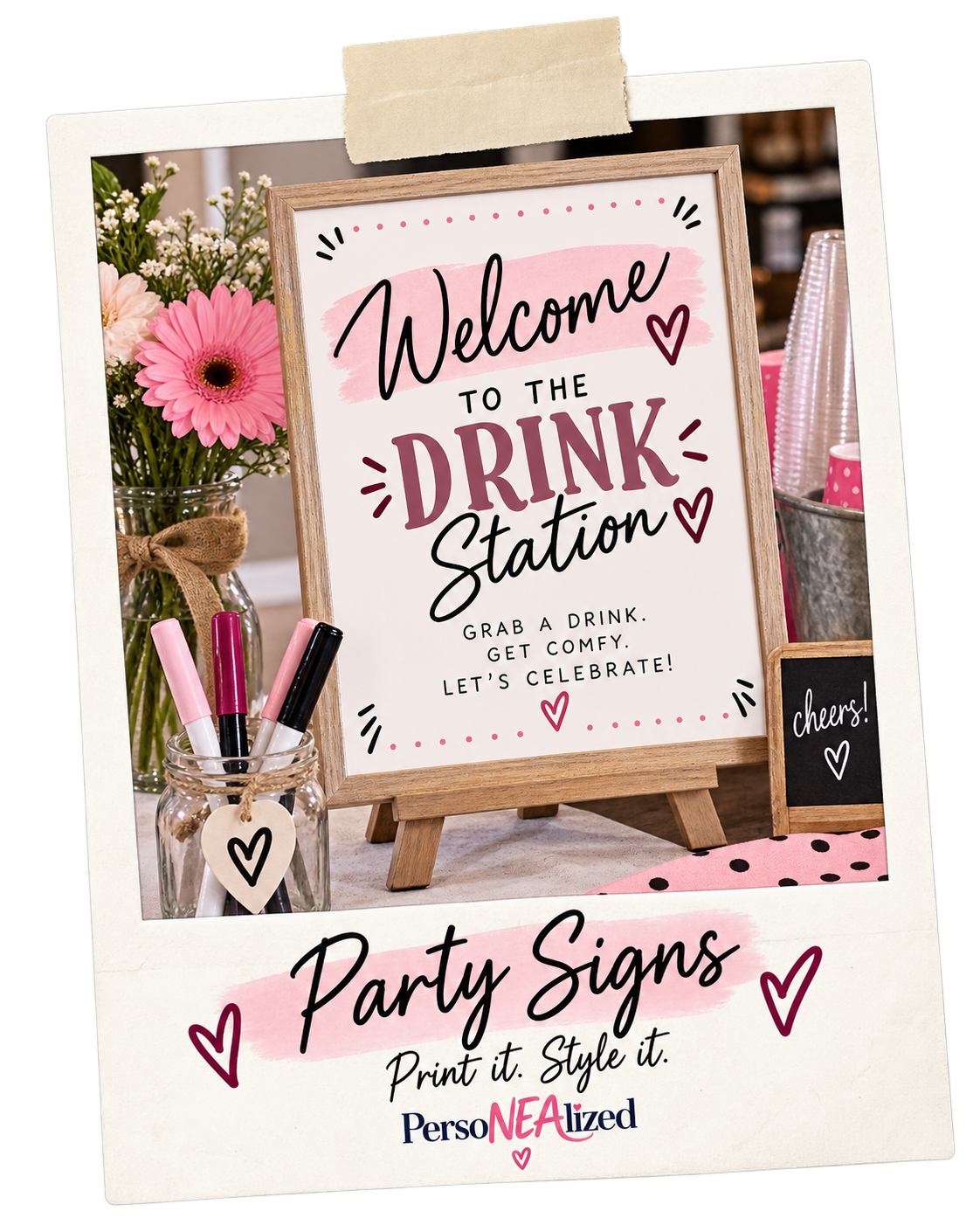 DIY drink station sign with floral decorations and party setup instructions