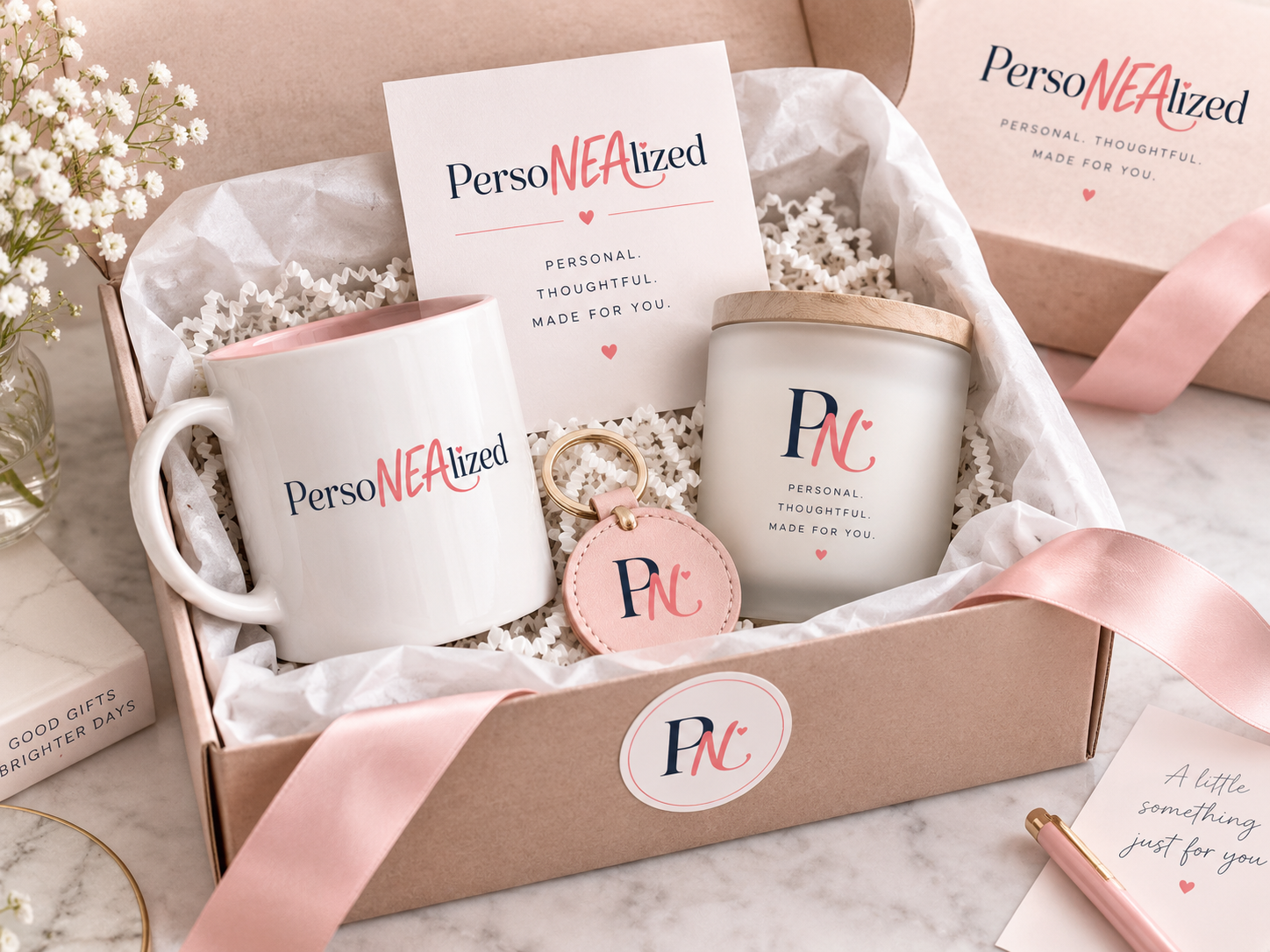 Personalized gift box with custom mug, tumbler, keychain, and gift packaging