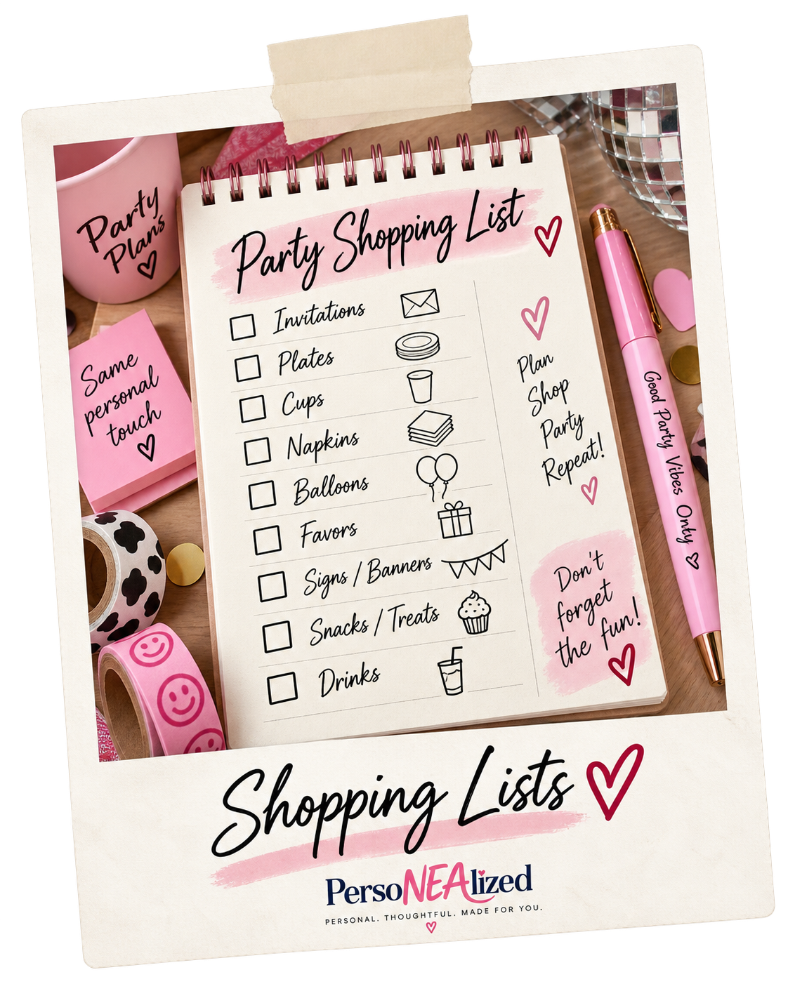 Party shopping checklist with supplies, planning notes, and PersoNEAlized branding