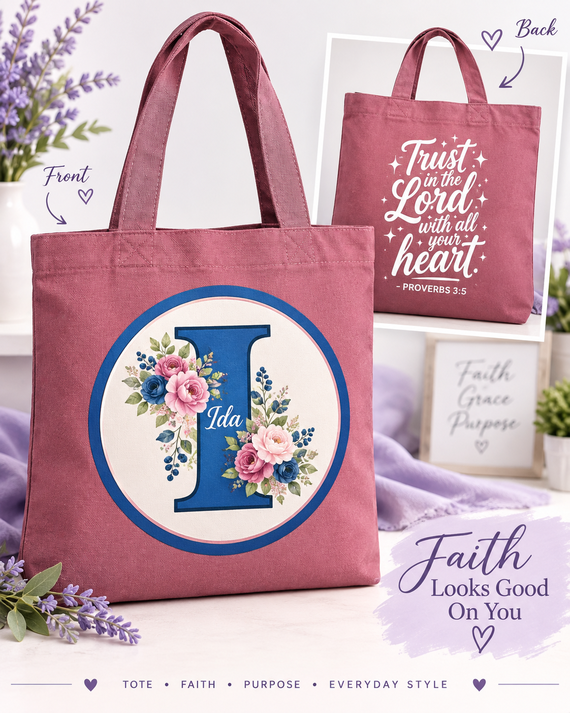 Personalized pink tote bag with floral monogram and the name Ida