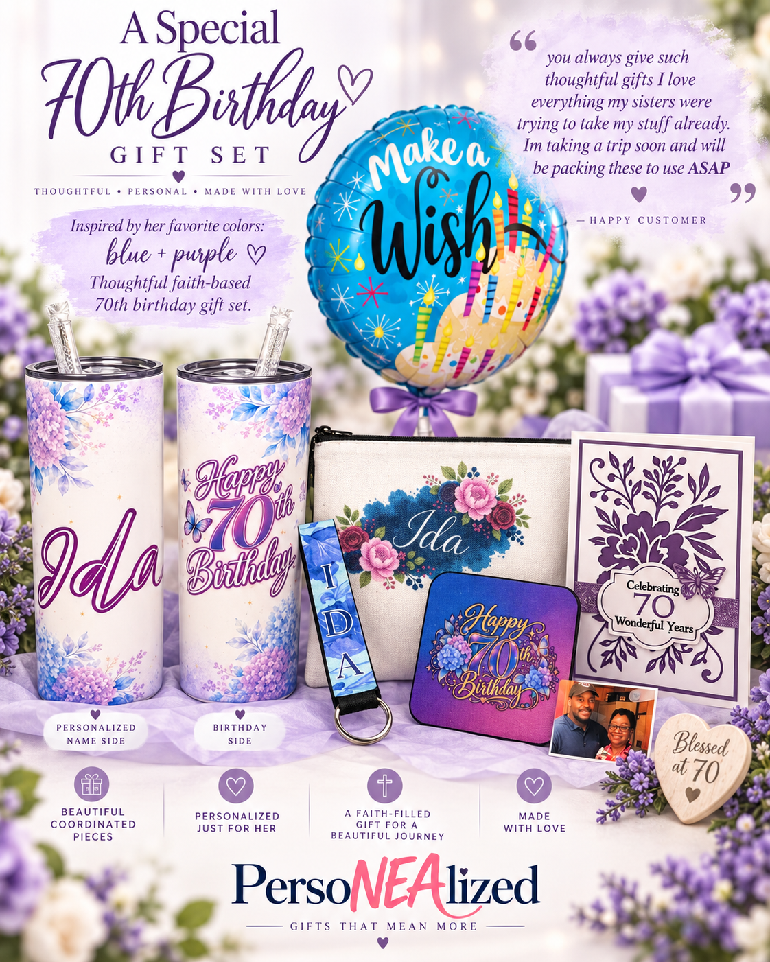 Personalized 70th birthday gift set with custom candle, keychain, pouch, card, and purple floral details