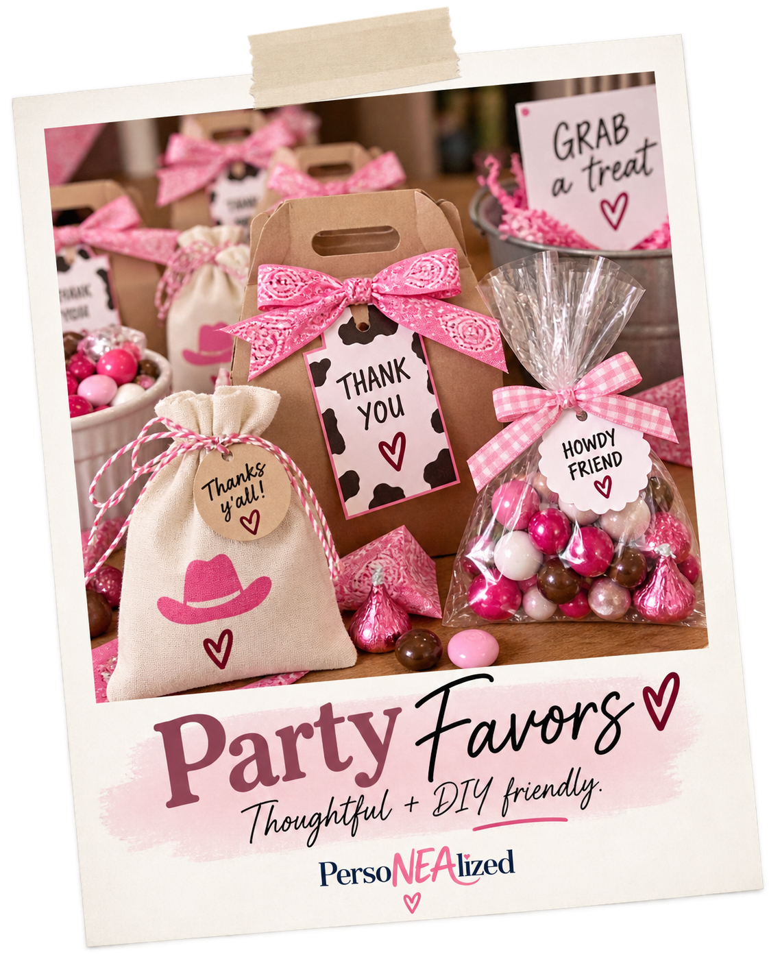 Pink party favor table with candy jars, treat bags, bows, and thank-you signs