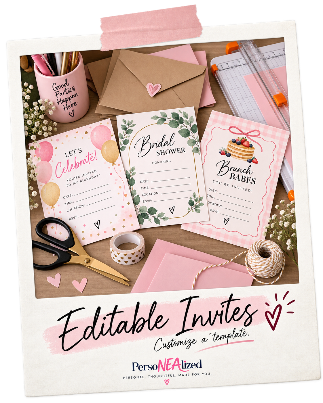 DIY party invitation and stationery setup with envelopes, scissors, washi tape, and printed celebration cards