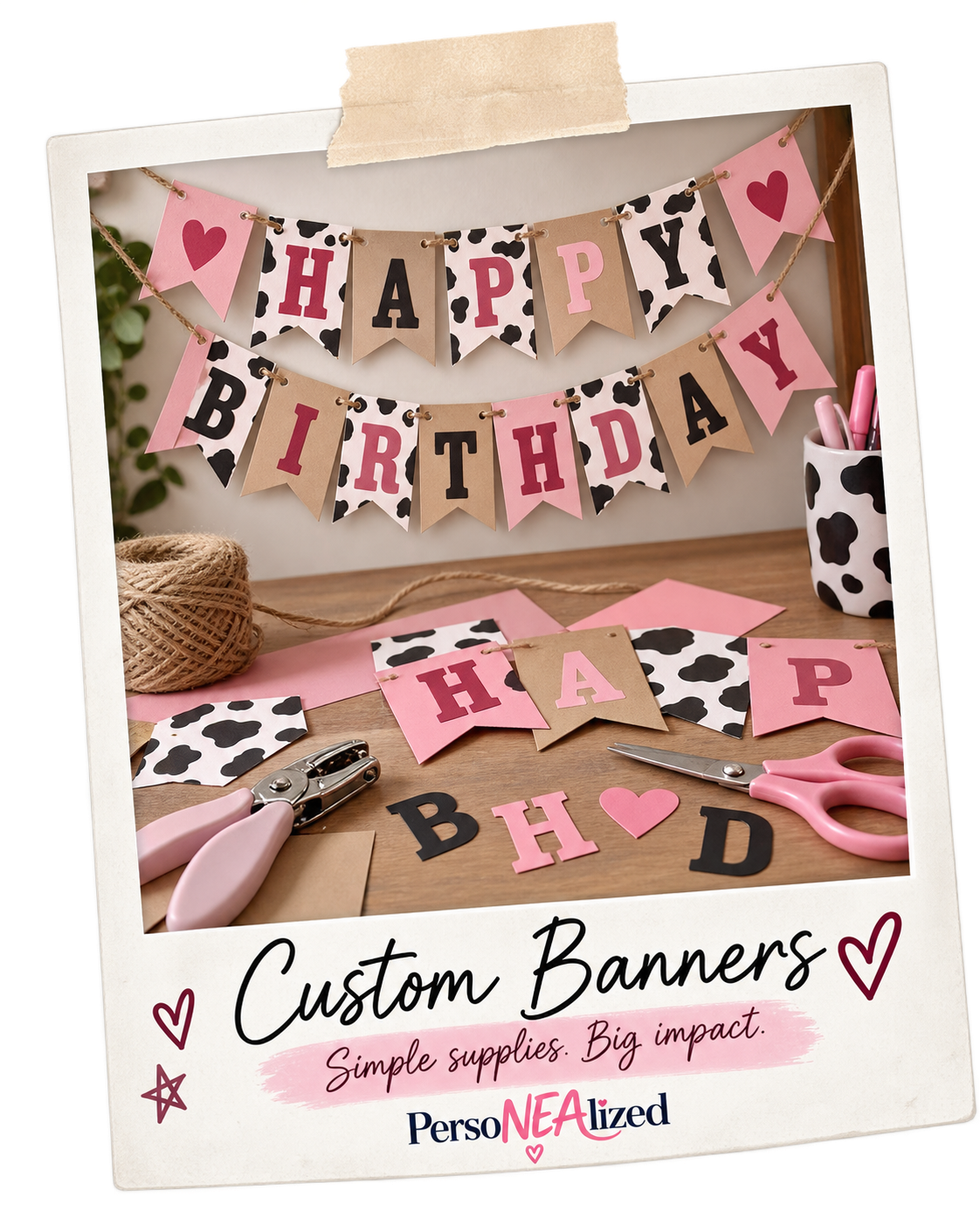 DIY happy birthday banner setup with paper decorations, craft supplies, and pink party details