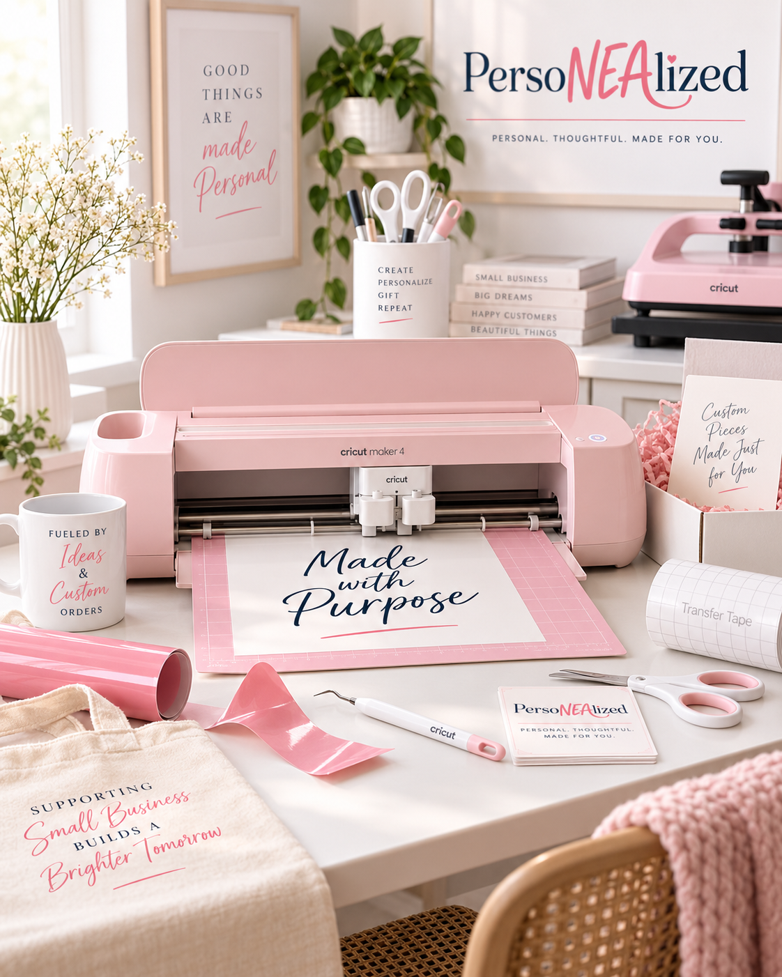 PersoNEAlized crafting workspace with Cricut machine and custom gift-making supplies