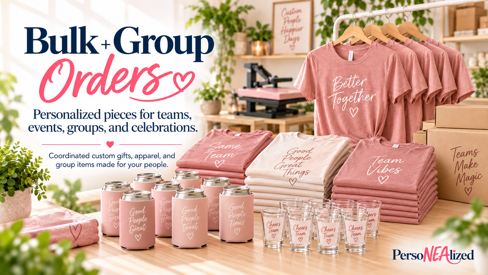 Custom creations workspace with colorful vinyl, craft tools, tote bag, tumbler, and personalized gift supplies