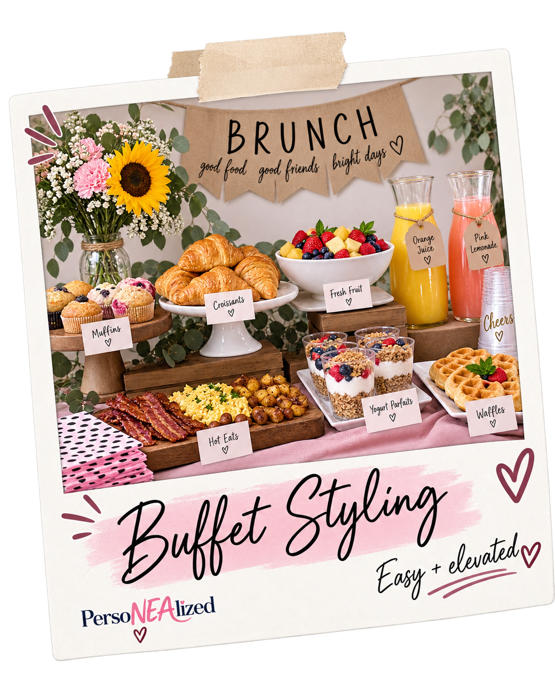 Brunch party food table with pastries, fruit, waffles, eggs, drinks, flowers, and celebration signage