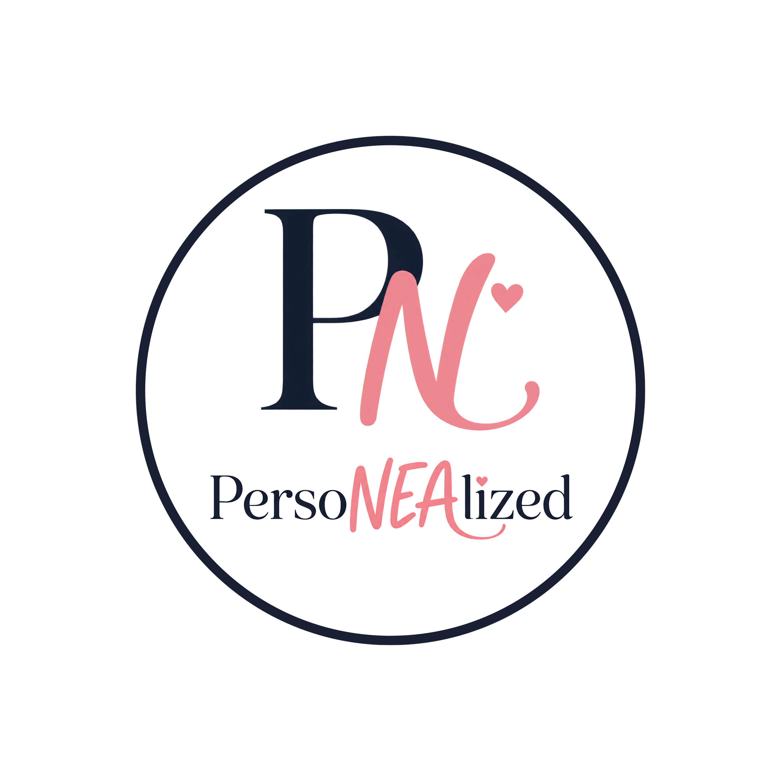 circular PersoNEAlized logo design with pink heart detail