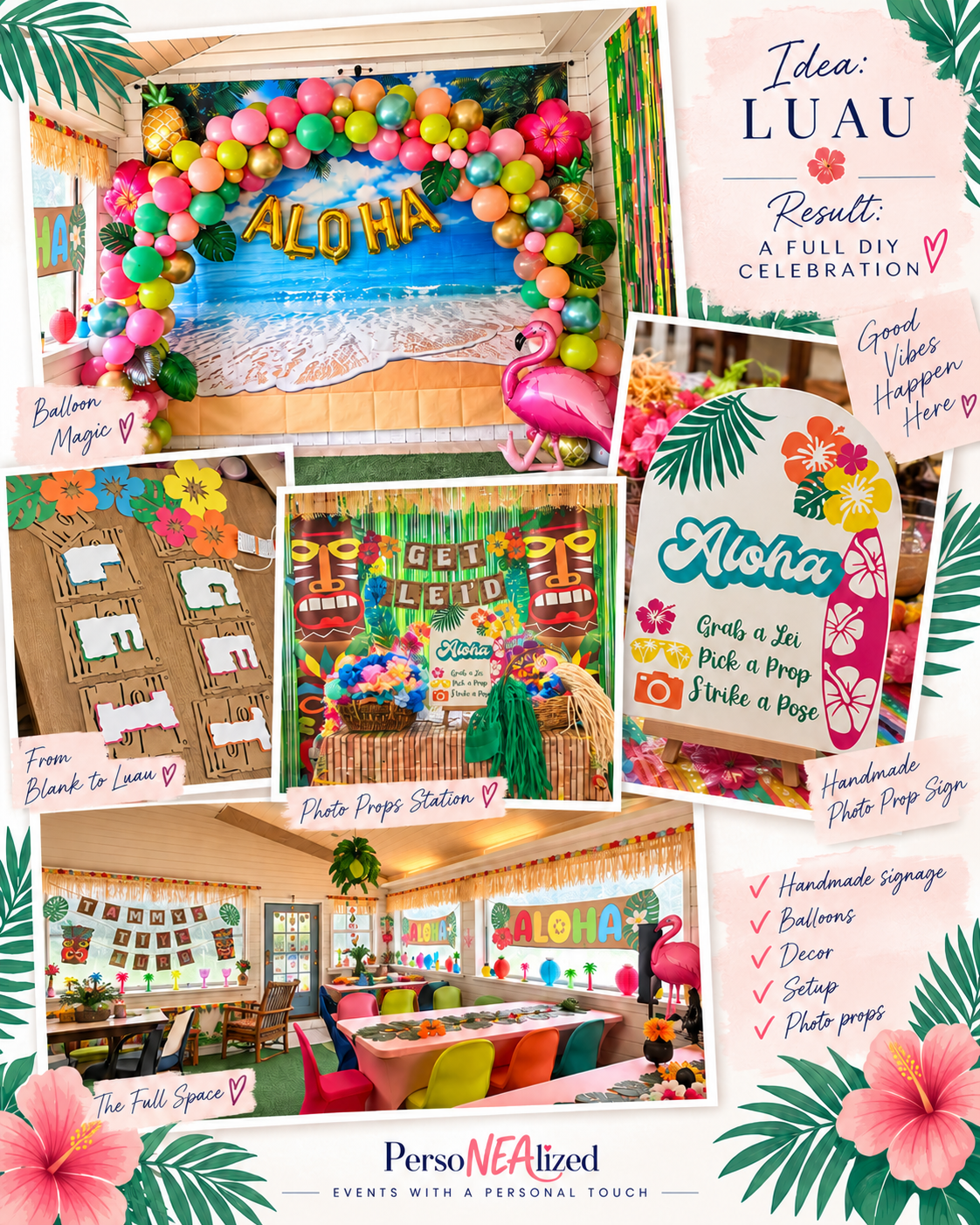 Colorful tropical-themed DIY party setup with balloons, decorations, and craft activities