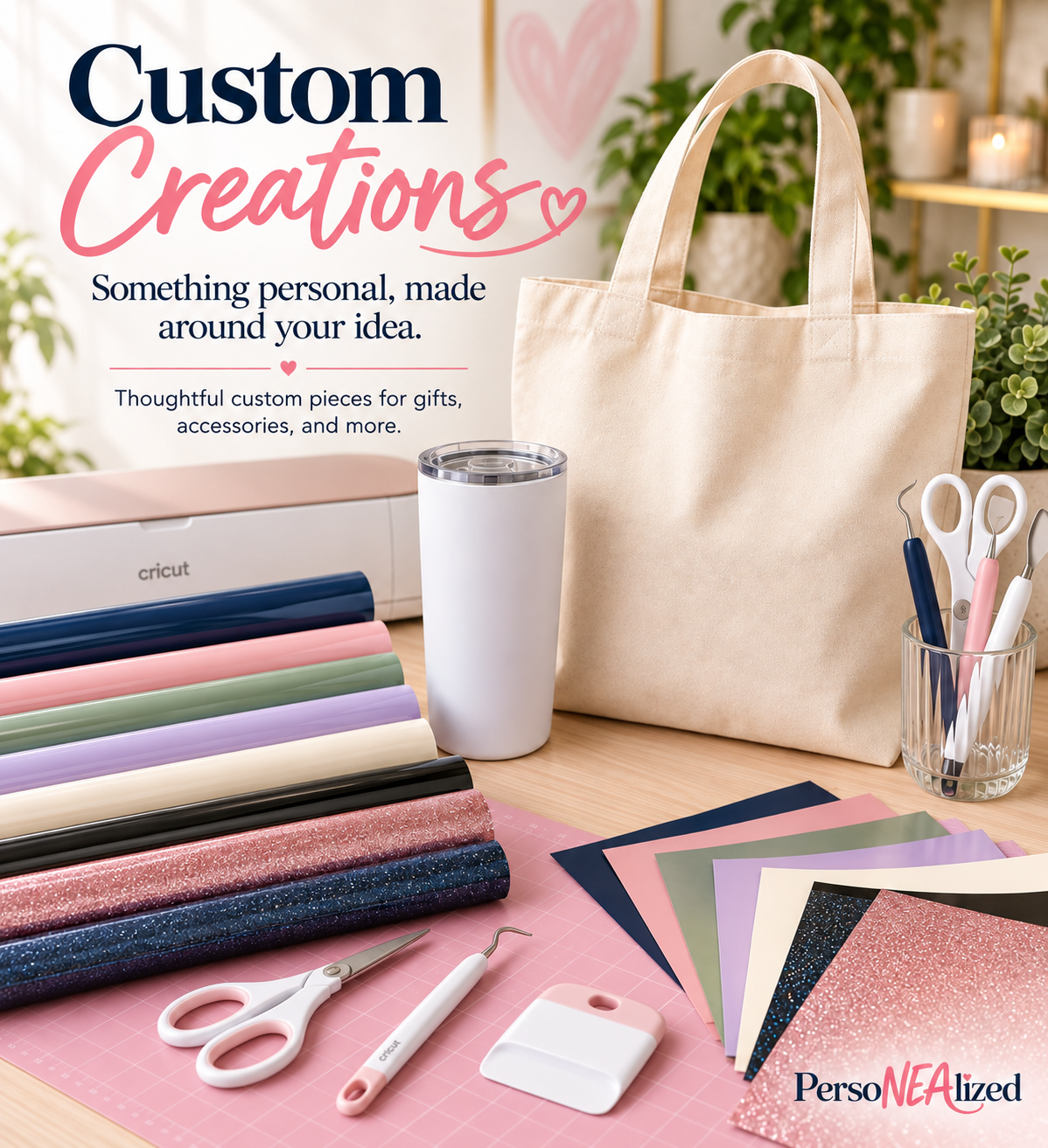 Craft workspace with colorful vinyl, Cricut machine, tumbler, tote bag, and custom creation supplies