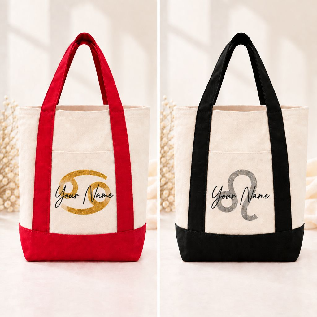 Canvas Tote Bags Featuring Zodiac Symbols Against Cream Background.png