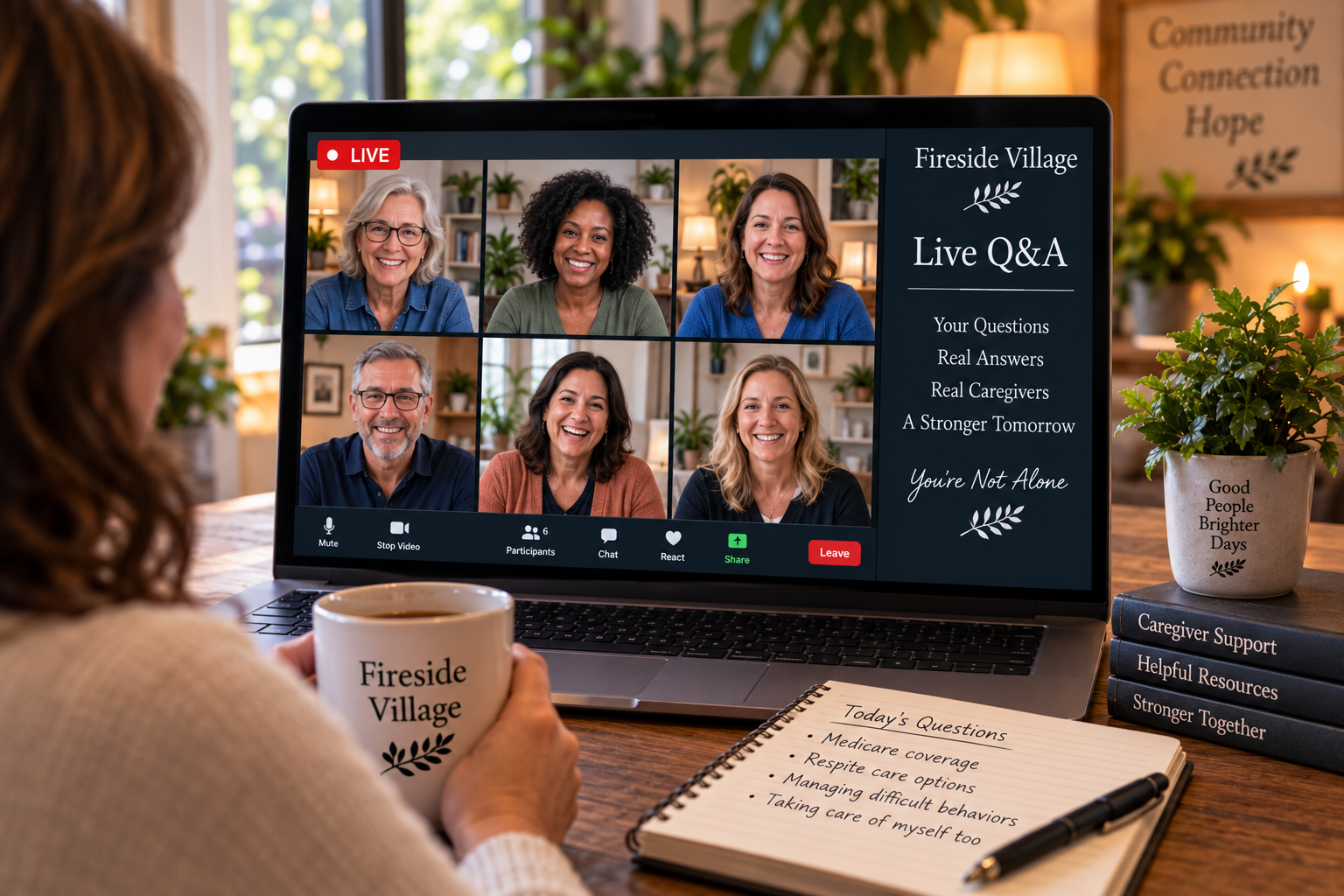A woman participating in a virtual live Q&A session on a laptop screen featuring six diverse smiling participants. She holds a coffee mug labeled 'Fireside Village' and has a notebook with today's questions. The background includes decorative plants, books, and a sign with words like 'Community,' 'Connection,' and 'Hope'.