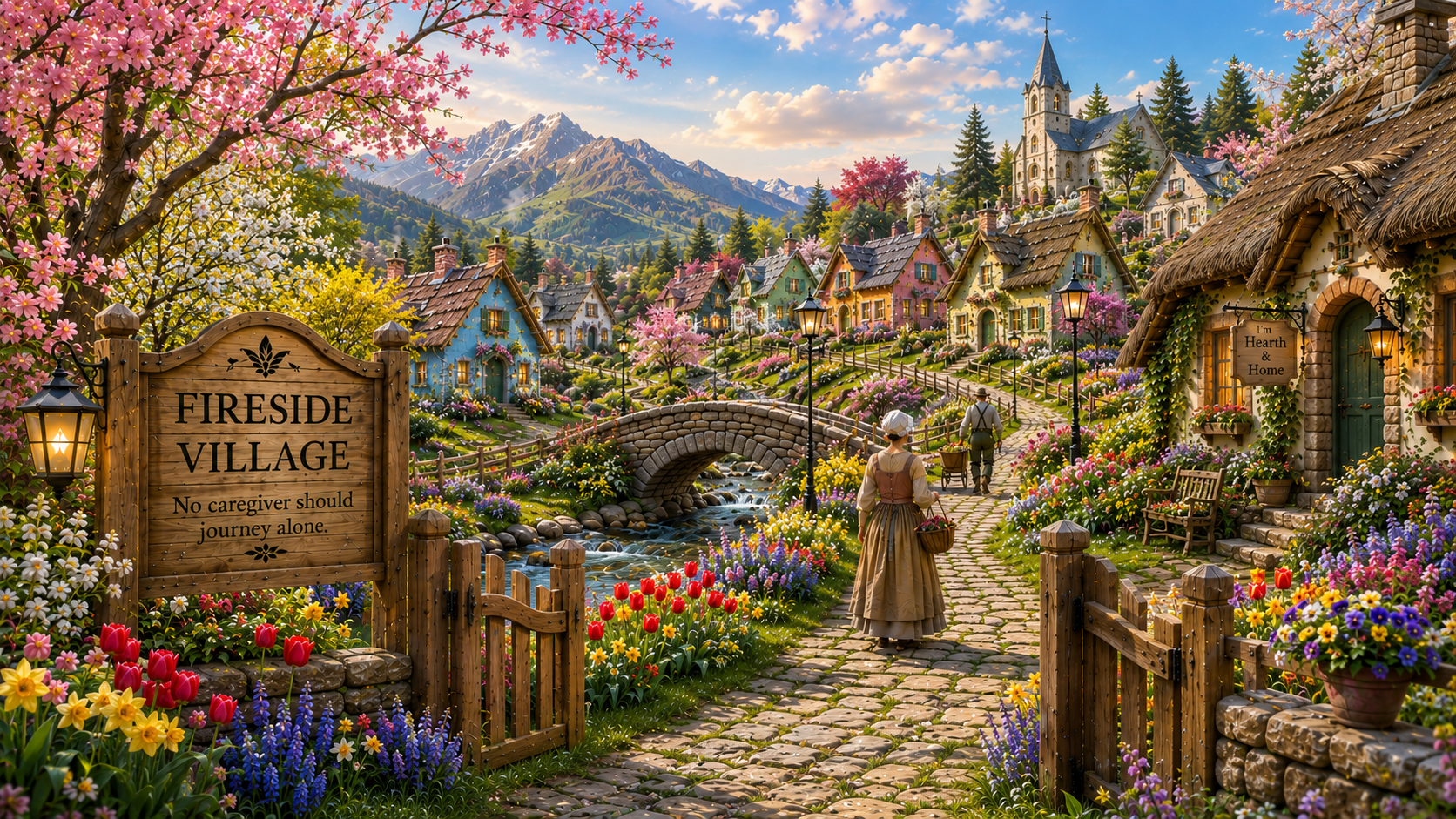 Colorful village with thatched cottages, a stone bridge over a stream, blooming flowers, and mountains in the background, decorated with pink blossoms and surrounded by trees.