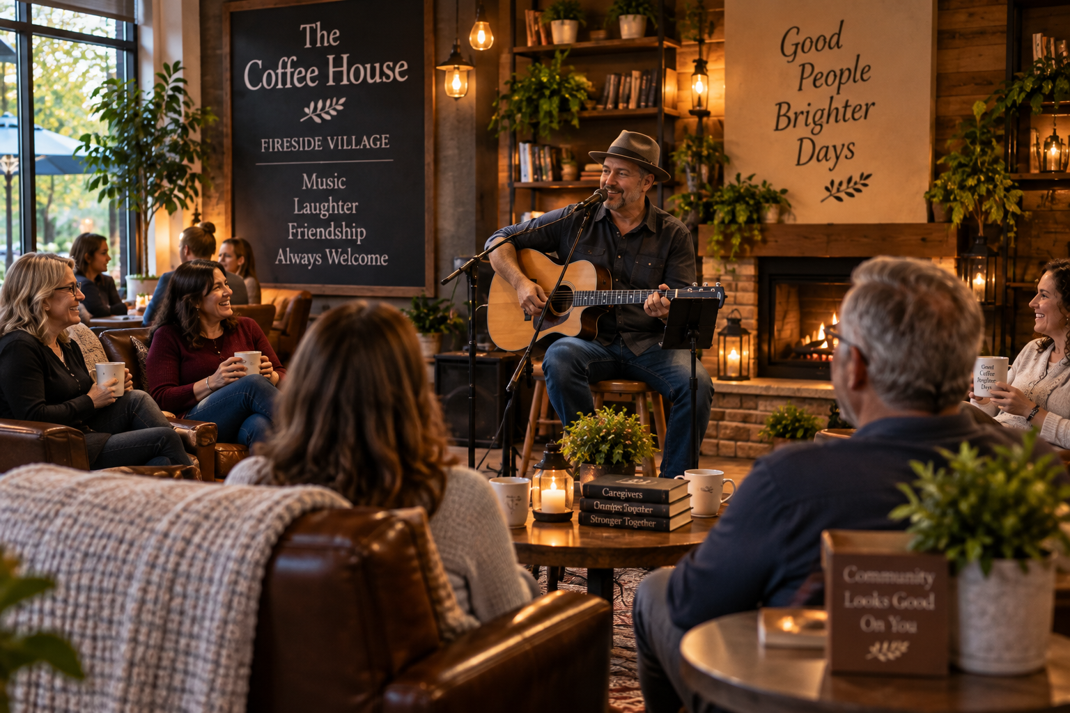 A musician playing guitar and singing into a microphone in a cozy, warmly lit coffeehouse. The audience is seated on sofas and chairs, enjoying the performance and holding mugs. The background features a fireplace, bookshelves, and signs that read "The Coffee House" and "Good People Brighter Days."