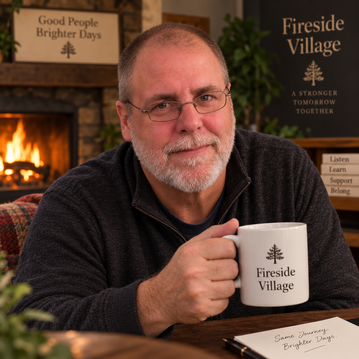 A smiling man with glasses, a beard, and gray hair, holding a white mug with the logo 'Fireside Village.' He is sitting inside, with a fireplace and a sign reading 'Good People Brighter Days' in the background. There is a notebook on the table with the words 'Same Journey Brighter Days' written on it.