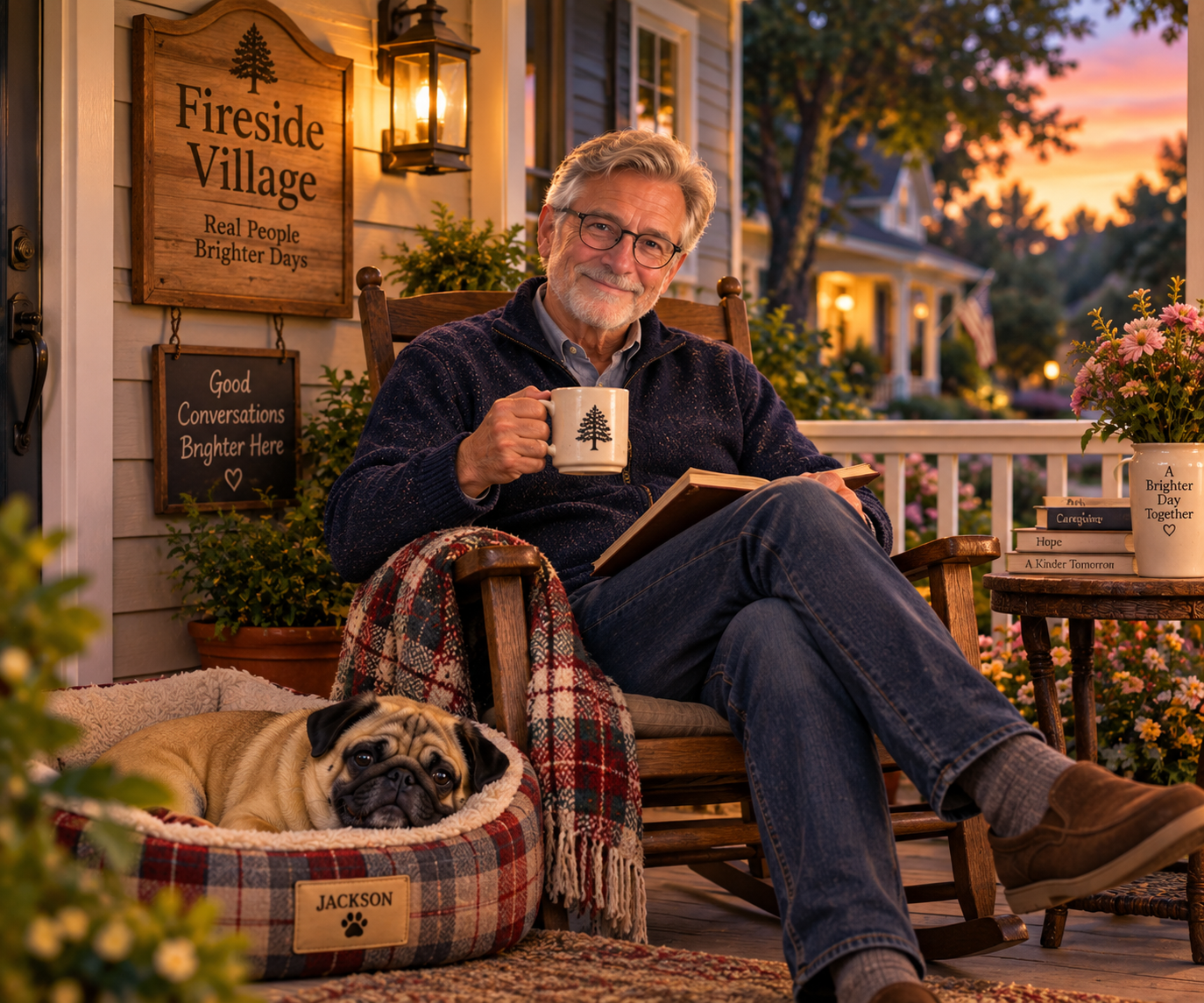 An elderly man with glasses and a beard sitting on a porch in the evening, holding a mug with a pine tree symbol, and reading a book. Beside him is a bulldog in a dog bed with a plaid blanket, and a small round table with a flower pot and books. The porch has decorative signs, flowers, and a warm sunset in the background.