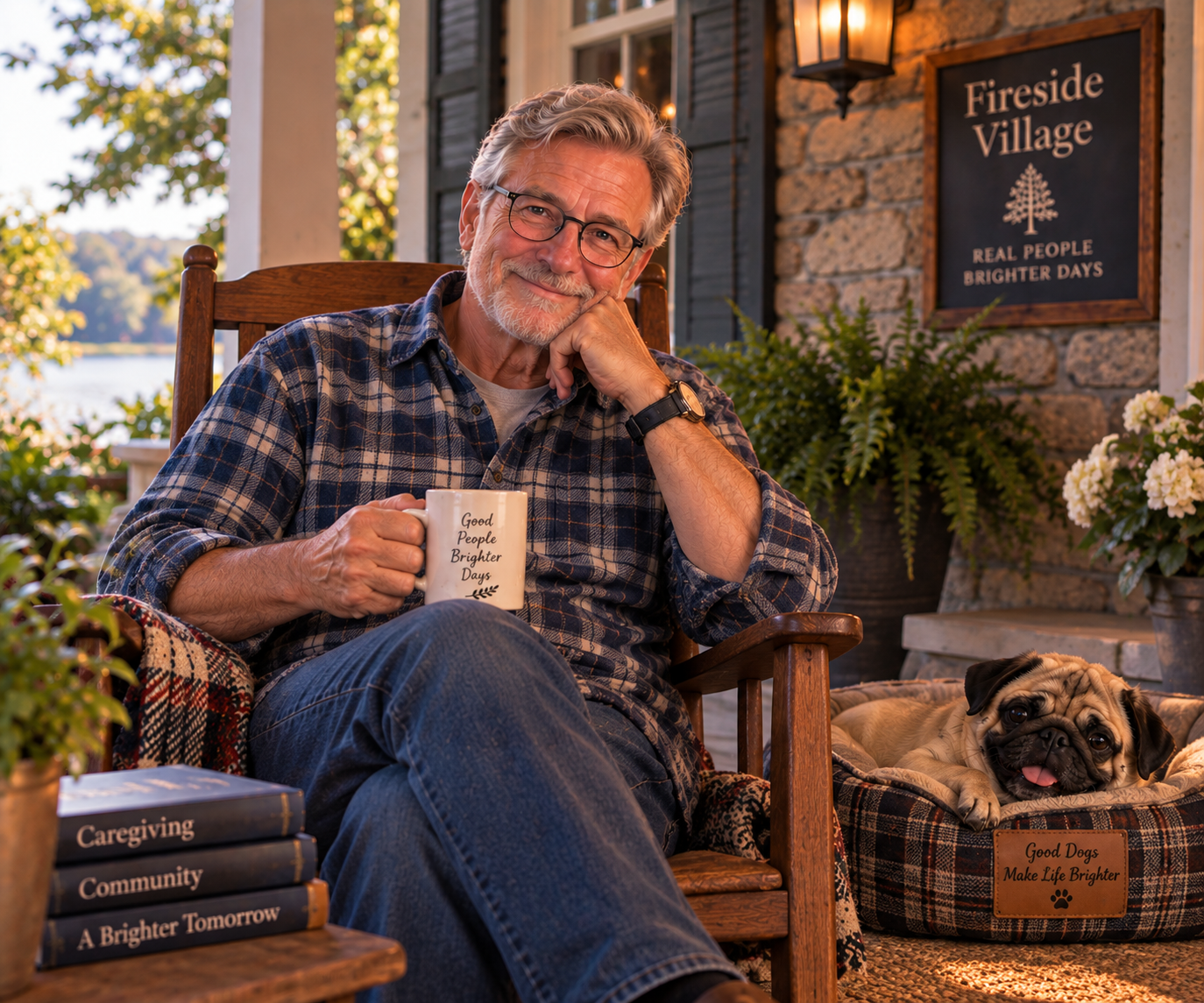 An elderly man with glasses, a beard, and gray hair sitting on a wooden porch chair, holding a mug that says 'Good People Brighter Days,' smiling at the camera. A pug dog is lying in a dog bed next to him, with a sign that reads 'Good Dogs Make Life Brighter.' Behind them is a wall with a sign that says 'Fireside Village' and a warm outdoor lantern. Plants and books are also visible.