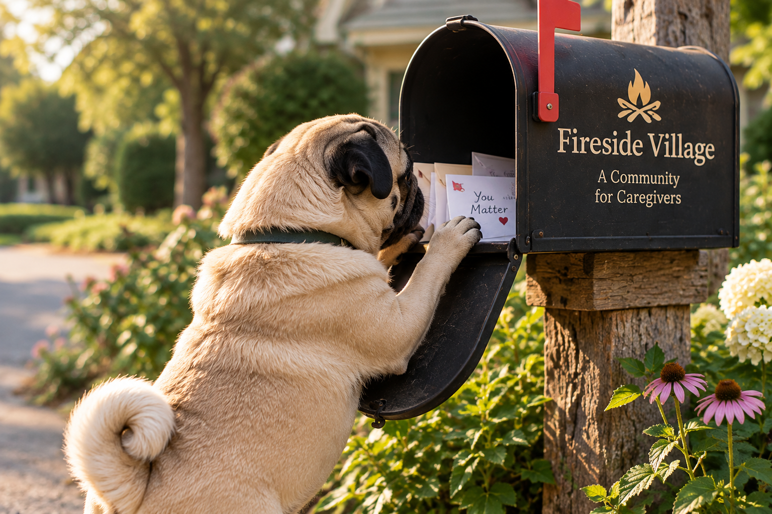A pug dog standing on its hind legs, reaching into a black mailbox labeled 'Fireside Village' with the words 'A Community for Caregivers', holding an envelope that says 'You Matter' with a red heart.