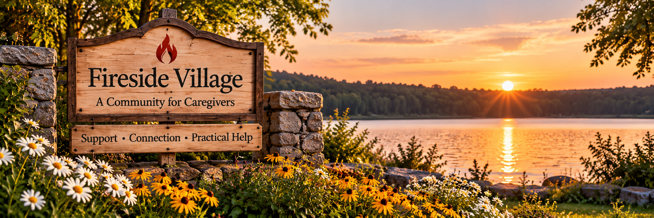 Sign for Fireside Village, a community for caregivers, with a peaceful lakeside sunset in the background. The sign mentions support, connection, and practical help.