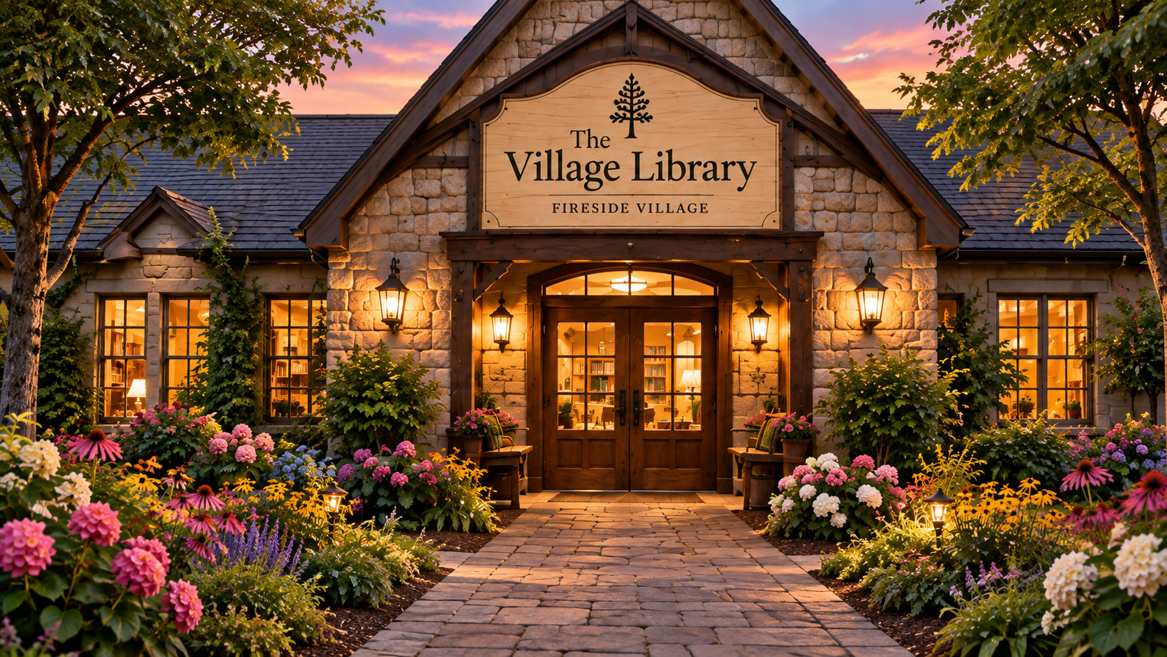 The Village Library at Fireside Village during sunset, with a stone and wood exterior, welcoming glowing lights, a brick pathway, and colorful flowers and trees in the garden.