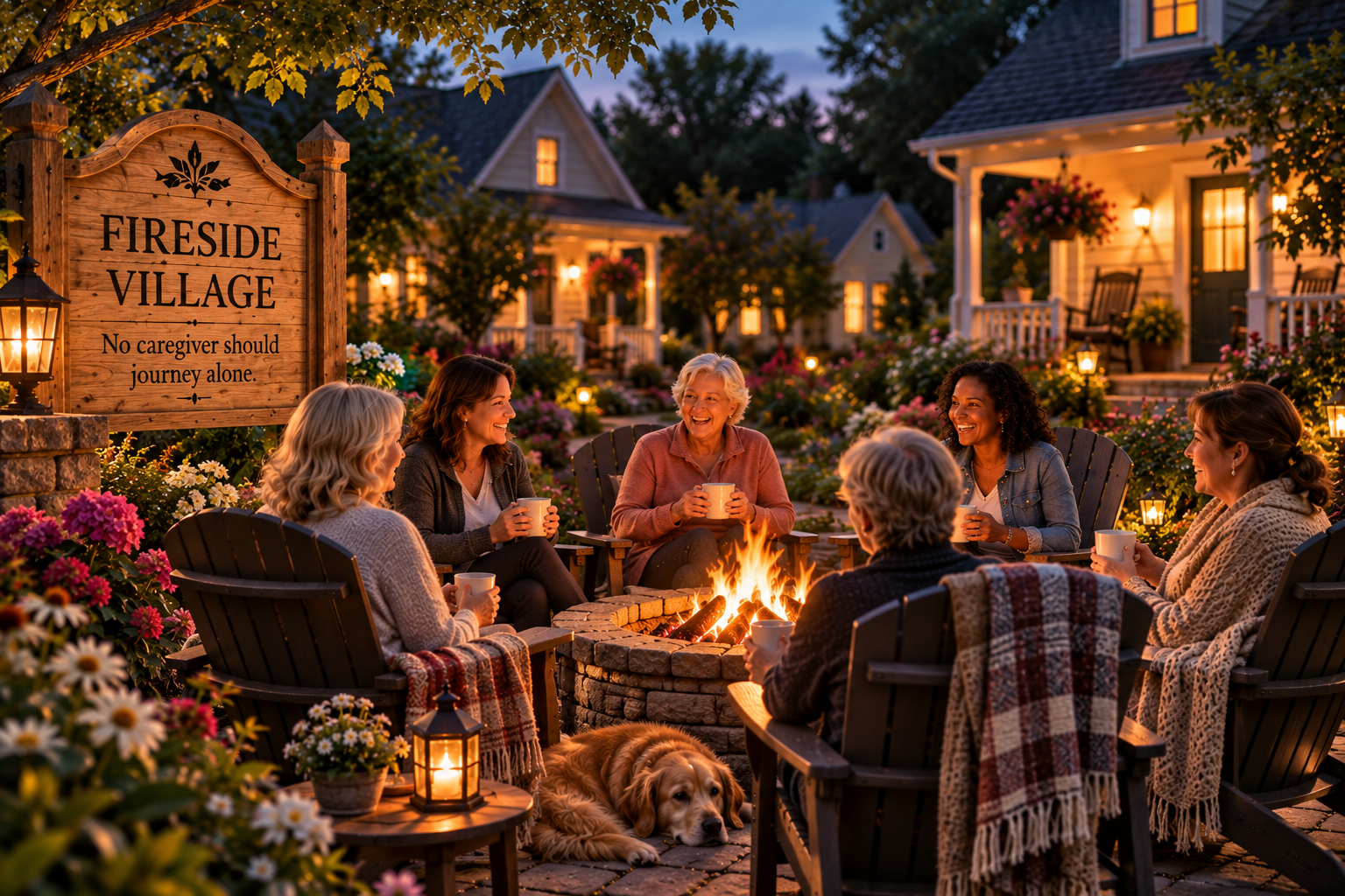 A group of women sitting around a firepit in a garden at dusk, enjoying drinks and conversation, with cozy blankets and a dog lying nearby, in front of a house with a porch and hanging flower baskets.