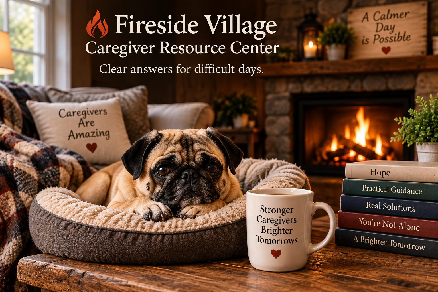 Cozy living room with a pug lying on a plush pet bed, a fireplace, a stack of books, a mug with the text 'Stronger Caregivers Brighter Tomorrows,' and decorative pillows and plants.