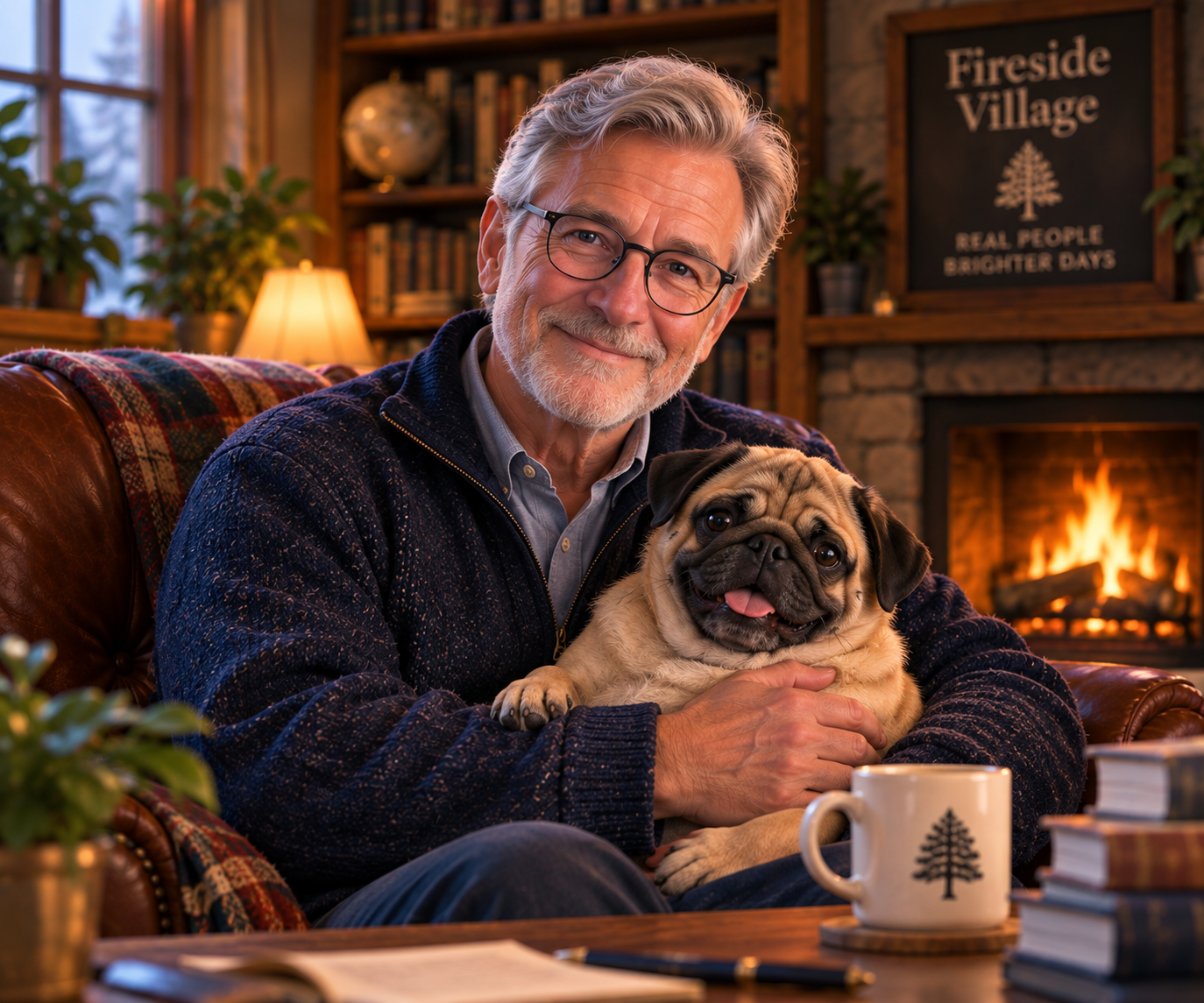 An elderly man with gray hair and glasses smiling while holding a pug dog in a cozy living room with a fireplace.