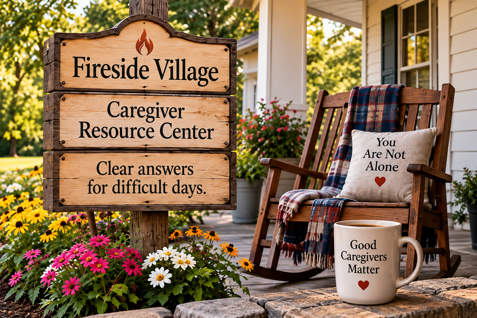 A wooden sign outside a house reads 'Fireside Village, Caregiver Resource Center, Clear answers for difficult days.' A cozy porch scene with a wooden rocking chair draped with a plaid blanket and a pillow that says 'You Are Not Alone' with a heart. A large mug that says 'Good Caregivers Matter' sits on a stone ledge nearby. The background features colorful flowers, potted plants, and a white house with green shutters, sunny weather, and trees.