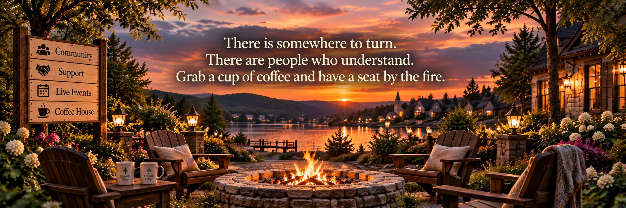 Sunset over a lakeside community with a fire pit in the foreground surrounded by wooden chairs, colorful flowers, and lanterns. A house with lit windows and trees are also visible along with a sign listing community support activities, such as community events and a coffee house.