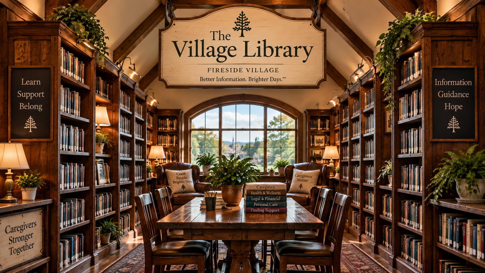 Interior of The Village Library with wooden bookshelves, a central wooden table with books and potted plants, large window with a view of trees, cozy seating, and signs with supportive messages.