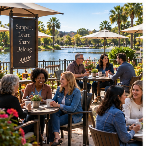 People sitting at outdoor tables by a lake, enjoying drinks and conversation on a sunny day with umbrellas providing shade, and a sign promoting support, learning, sharing, and belonging.