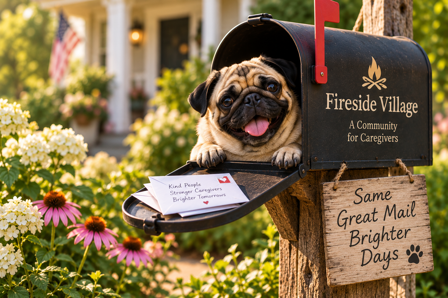 A cheerful pug dog with its tongue out, resting on a mailbox labeled 'Fireside Village: A Community for Caregivers,' surrounded by flowers, with a note in the mailbox that reads 'Kind People, Stronger Caregivers, Brighter Tomorrows,' in a garden in front of a house.