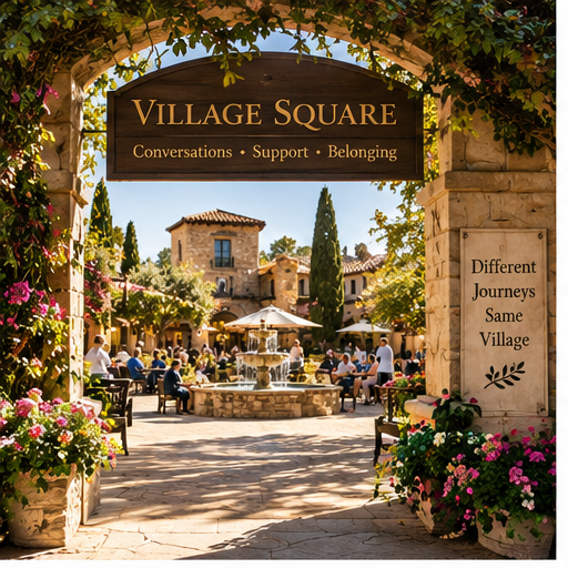 Village Square with a stone archway, people sitting at tables, a central fountain, and lush greenery, with a sign reading 'Village Square' and decorative flowers.