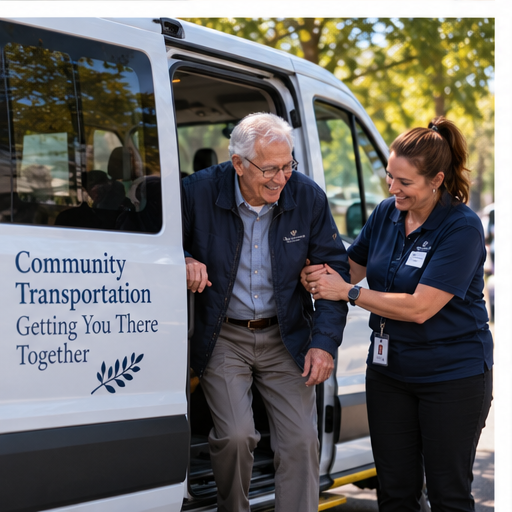 A smiling elderly man using a walking cane is assisted by a female transportation worker as he steps out of a community transportation vehicle labeled 'Community Transportation Getting You There Together' in a park-like setting.