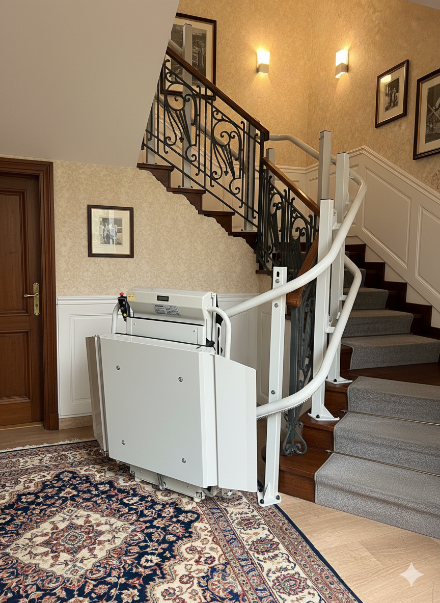 Montascale salire con sedia nel corridoio di una casa elegante