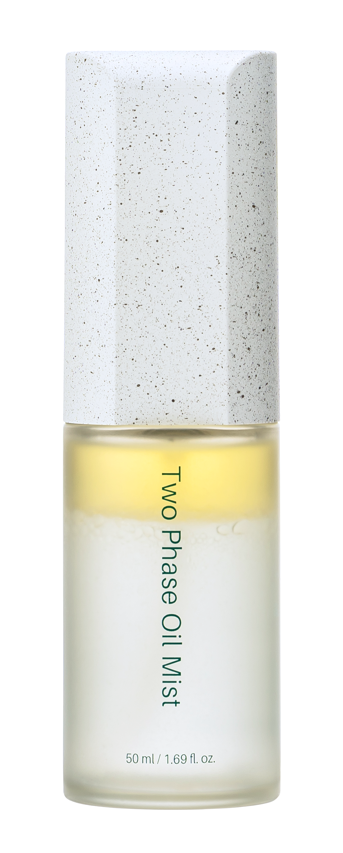 Bottle of Two Phase Oil Mist with a speckled gray cap, white body, and yellow liquid inside, with text indicating 50 ml capacity.