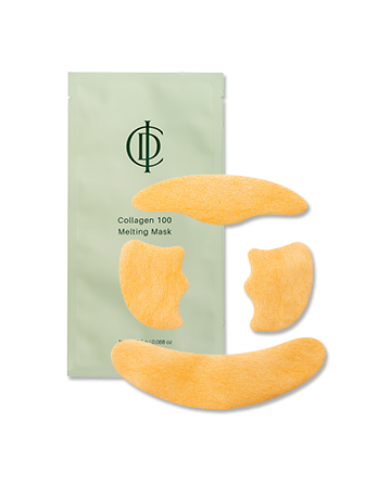 Collagen 100 melting mask facial treatment with three crescent-shaped foam patches in front of packaging.